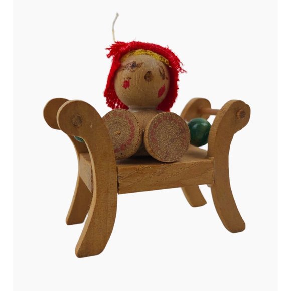 Vintage Wood Ornaments Set of 6 Fabric Yarn Painted Christmas Tree Holiday Decor - Picture 6 of 10